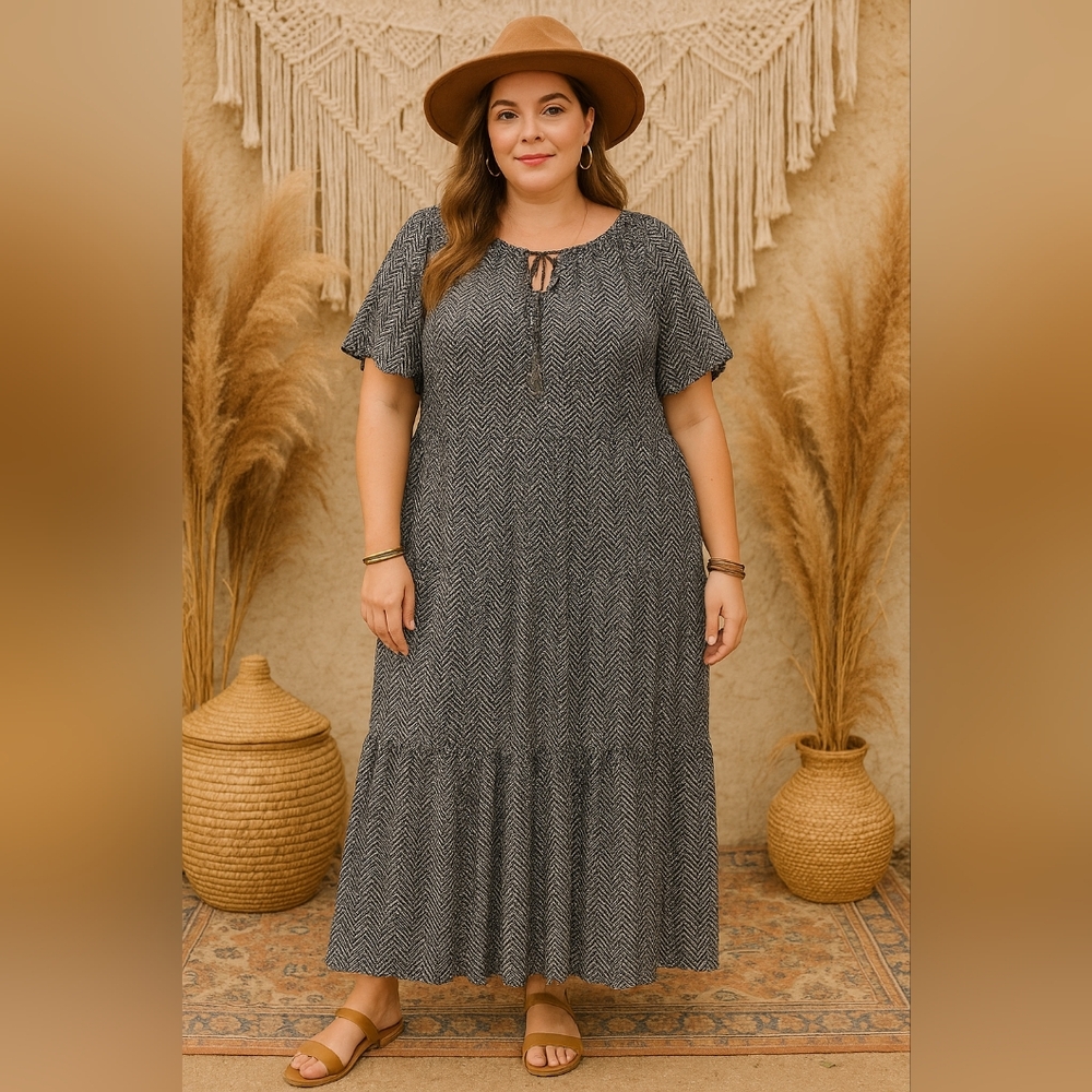My Danielle Boho Tiered Maxi Dress XXL Black White Zigzag Rayon Flowy Casual